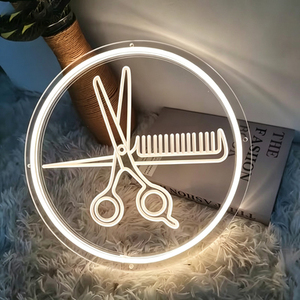 Enseigne LED en acrylique en forme de ciseaux et de peigne, lumière néon blanc chaud, à fixer pour la décoration d'un salon de coiffure - Product Image 2