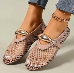 Women's Summer Flat Ballet <b>Shoes</b> with Fish Mesh Design Slip-On Closure Fashionable Buckle <b>Soft</b> Doll Feature Rubber Insole - Product Image 3