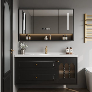 New bathroom cabinet ceramic integrated basin French retro <b>oak</b> smart mirror cabinet hanging cabinet - Product Image 1