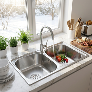 Évier de cuisine en acier inoxydable 304 fait main, ultra-profond 50/50, à poser sur comptoir, avec fond incliné, anti-bruit, OEM - Product Image 1