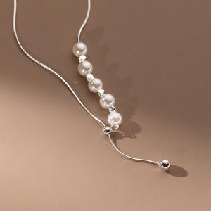 Collier en argent pur S925 avec perle de riz, pendentif rétro à double rangée de petites perles rondes avec chaîne de clavicule D9599 - Product Image 5