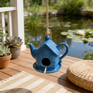 Nichoir sphérique en céramique bleu brillant avec accents de colombes - Décoration suspendue pour jardin de style <span class=keywords><strong>ferme</strong></span> - Product Image 5