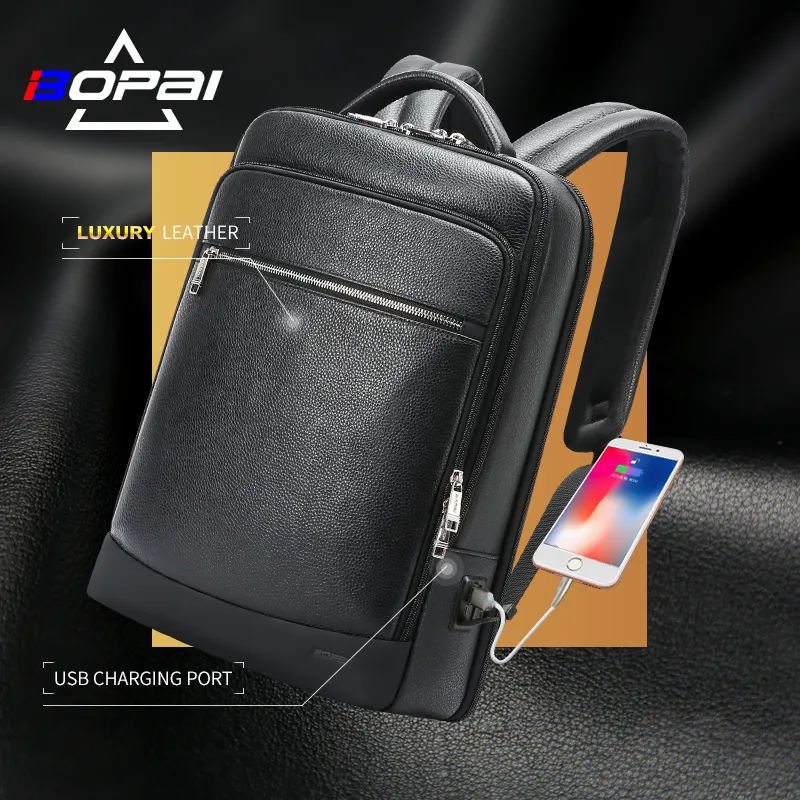 BOPAI Custom Logo Men Office Commute USB Charging Multifunction 15.6 Inch Laptop Leather Backpack Bag