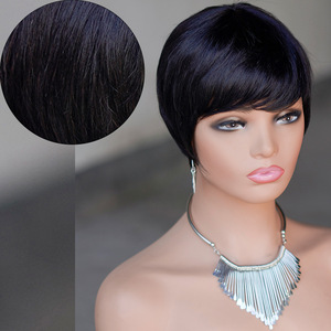 Perruque Courte Pixie Cut en Cheveux Humains Brésiliens 9A pour Femmes, Style Bob avec <span class=keywords><strong>Frange</strong></span> et Couches, Entièrement Faite à la Machine - Product Image 1