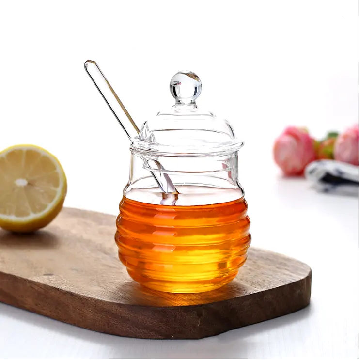 Personalizado 9oz 280ml de lujo únicos de alta borosilicato frascos de miel de vidrio a granel con Dipper
