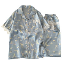 Pyjamas d'été chinois antiques nouveaux vêtements de maison à manches courtes costume petites fleurs fraîches soie de glace-sensation de fraîcheur taille élastique