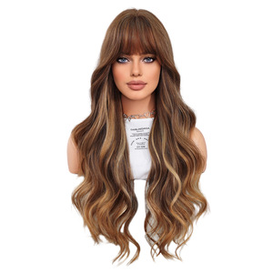 Perruques synthétiques européennes et américaines, nouveau style transfrontalier, naturelles, respirantes, fabriquées à la machine, dorées, pour longues boucles, grandes vagues et franges - Product Image 1