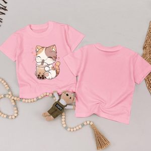 FOXA Cute <b>Cat</b> Graphic T-Shirt Women's Summer Cotton <b>Tops</b> Bubble Tea Print Kawaii Cartoon Animal Design Regular Length - Product Image 2