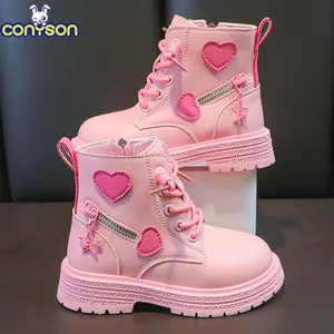 Meninas Botas Moda Infantil Cool Girl Outono e Inverno Algodão Macio Sola Rosa Love Side Zip Princesa Round-toe PU Botas de Borracha