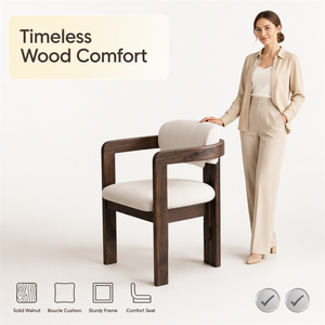 Poltrona Lounge <span class=keywords><strong>in</strong></span> <span class=keywords><strong>Legno</strong></span> di Noce Stile Mid-Century Moderno <span class=keywords><strong>con</strong></span> Cuscino <span class=keywords><strong>in</strong></span> Bouclé Crema, Sedia da Pranzo, Fornitura all'Ingrosso Diretta dalla Fabbrica - Product Image 2