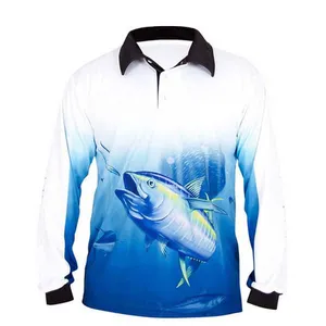 Kaus memancing kustom UPF 50 + UV kaus grafis lengan panjang kaus memancing cepat kering Camo hitam biru untuk pria wanita
