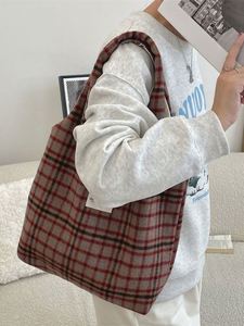 <b>Retro</b> Style Tartan Woolen Fabric Plaid Class Tote Vest Purse Soft Casual Shopping Bag Travel Bucket Handbag - Product Image 3