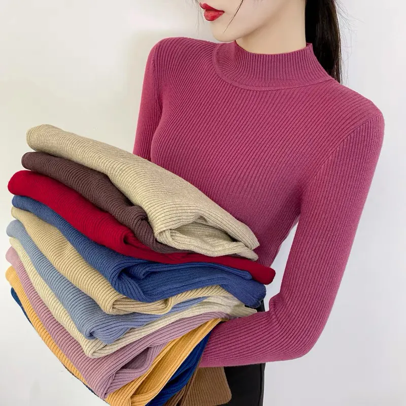 Mùa Đông Đan Áo Thun Áo Phụ Nữ Hàng Đầu Dài Tay Áo Tops Cao Cổ Cơ Bản Jumper Phụ Nữ Quần Áo Áo Len