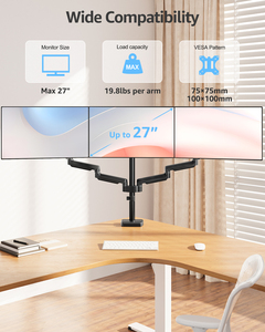 Support de bureau pour 3 moniteurs, bras triple pour ordinateur avec ressort à gaz, jusqu'à 27 pouces - Product Image 2