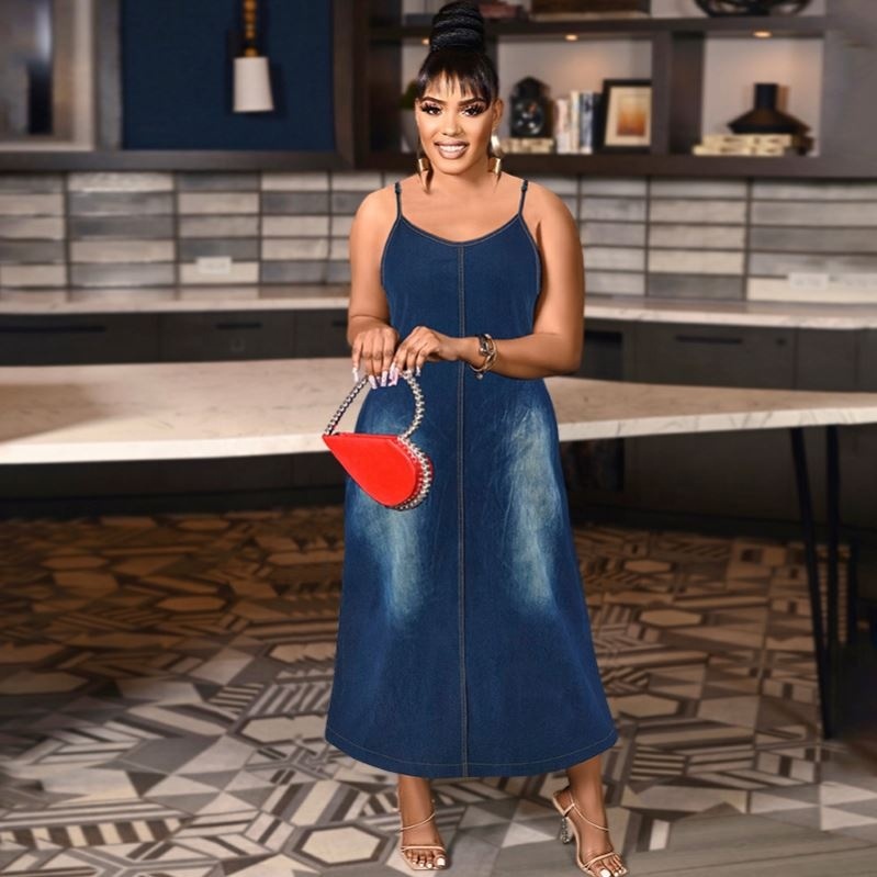loose jean dress Plus size V-neck Denim M / Blue 140cm XL NSLGXD Womens Denim Dresses Midi