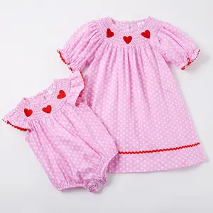 Girlymax 2023 Pink Heart Long Sleeve Valentines Day Smocked Dresses and Baby Girls Romper Sibling outfit