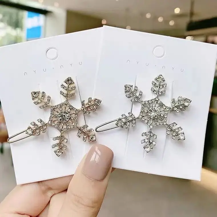 Coreano dolce fiocco di neve metallo tornante strass Bling inverno fiocco rana fermaglio per capelli sposa bel lato dei capelli