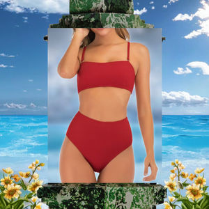 Ensemble bikini bandeau sans bretelles pour femme, coupe haute, côtelé, 2 pièces, séchage rapide, à carreaux, avec cordon de serrage, transparent - Product Image 2