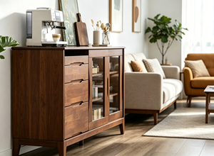 Modern Solid Wood Storage Cabinet with Glass Doors 3 Shelves Midcentury Design for Living Room Home Furniture - Product Image 2