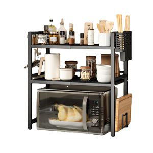 Estante Retráctil de Doble Capa de Acero al Carbono para Microondas, Accesorios de Cocina, Estante de Almacenamiento con Portacuchillos y Porta Palillos - Product Image 1