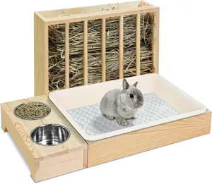 wooden hamster rabbit feeder drinker rabbit litter box Hay Feeders with Litter Box Bowls Rabbit Hay Feeder with Litter Box