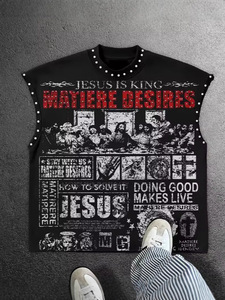 T-shirt sans manches surdimensionné pour homme, imprimé personnalisé avec motif graphique de maçonnerie, style streetwear hip-hop estival, du fabricant - Product Image 2