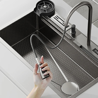 Robinet de cuisine multifonction noir brossé à trou unique, à montage sur plan, avec douchette extractible et ensemble évier en acier inoxydable avec mitigeur