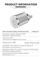 Gümüş Renkli Tak Çalıştır Carplay Adaptörü Taşınabilir 2'si 1 Arada Carplay Adaptörü Kablolu'dan Kablosuz'a Carplay Adaptörü Araba İçin