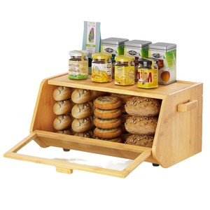 Boîte à pain en bambou à double couche, rangement de cuisine en bois avec porte en verre pour pâtisseries et en-cas - Product Image 5