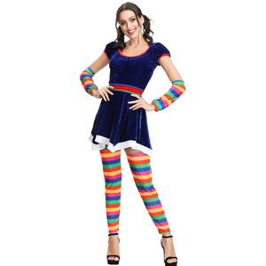 Costume de clown pour femme à rayures arc-en-ciel, inspiré des films et séries TV, avec robe en velours et chaussettes rayées pour Halloween et Noël - Product Image 6