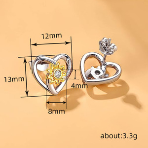 Orecchini a perno a forma di cuore e girasole da donna, bicolore, cavi, gioielli alla moda - Product Image 3