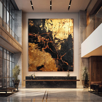 Peinture à l'huile abstraite de luxe grand format noir et or, peinte à la main avec feuille d'or sur toile, art mural