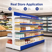 Étagère de supermarché métallique légère double face à 5 niveaux avec dossier réglable et garniture blanche et bleue