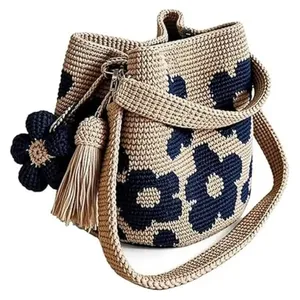 Borsa Tote Artigianale all'<span class=keywords><strong>Uncinetto</strong></span> con Fiori, Borsa a <span class=keywords><strong>Tracolla</strong></span> Floreale in Poliestere Lavorato a Maglia, Borsa a Spalla Boho da Spiaggia da Donna - Product Image 2