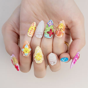 Presse sur les ongles faite à la main réutilisable de luxe personnalisé 10 pièces Amande 3d Fleur vente en gros de <span class=keywords><strong>faux</strong></span> ongles avec de la colle - Product Image 5