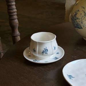 French Modern Blue Rose Ceramic Porcelain Eco-Friendly <b>Cup</b> <b>Saucer</b> Set Vintage Handmade Coffee Latte Afternoon Tea 250ml Floral - Product Image 1