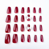 Uñas postizas de calidad profesional, color rojo sólido, con lazo blanco 3D, forma ataúd, brillantes, reutilizables, para tiendas de belleza.
