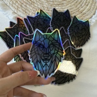 Autocollant d'étiquette découpé en matériau hologramme brillant à motif de tête de loup de style géométrique personnalisé