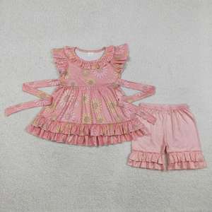Custom Casual Summer Pink Plaid Print Cotton Spandex Kids Scallop Edge T-Shirt Bloomer 2 Pieces Outfits <b>Sister</b> Cute Clothes Sets - Product Image 3