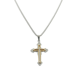 Men's Stainless Steel <b>Cross</b> Pendant Necklace With Gold Inlay And Crystal Center Geometric Design For Punk Retro Style - Product Image 3