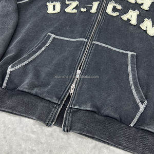 Sweat à capuche épais surdimensionné vintage brodé avec fermeture éclair, streetwear, double fermeture éclair, coton, lavage à l'acide, pour homme - Product Image 5