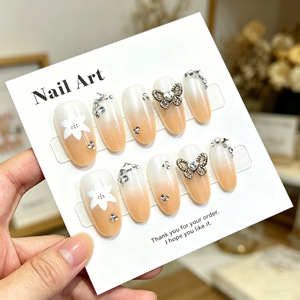 Nuevas uñas postizas francesas largas con diseño de lazo y estampado de leopardo azul, con pequeños diamantes de imitación y efecto ojo de gato, hechas a mano. - Product Image 4