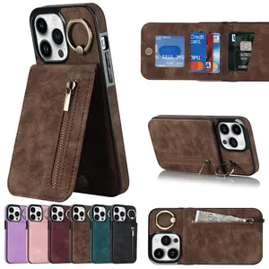 Fashion Shockproof Leather Wallet Card Soft Phone Case For iPhone 15 14 13 12 11 Pro Max X XR XS 7 8 Ring Bracket Funda Cover