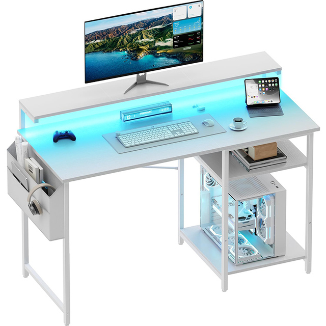Gaming Desk LED Lights Power Outlets Computer Desk Monitor Stand Storage Shelves CPU Stand Home Office Metal Bookshelf Drawer