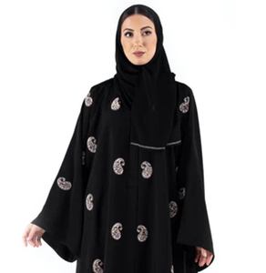 Elegante Vestido Abaya Largo de Crepé Negro para Mujer con Diseño de Plumas Bordadas, Estilo Vintage Casual, Kaftán Islámico Modesto de Dubái - Product Image 1