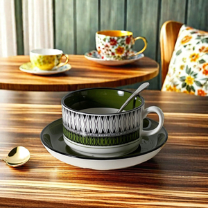 Retro Green Ceramic Coffee <b>Cup</b> <b>Saucer</b> Set Large Capacity Creative Nordic Style Modern Porcelain Tea Afternoon Mug Flower <b>Cup</b> - Product Image 6