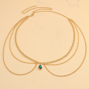 Cadena de Cintura de Moda con Diseño de Gota de Agua y Esmeralda en Aleación de Zinc, Cadena Metálica Multicapa para Fiesta - Product Image 3