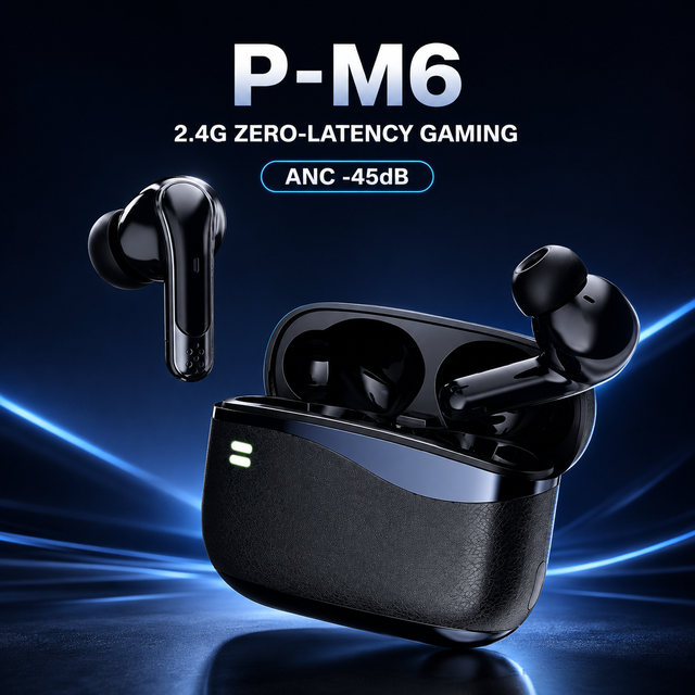 P-M6 In-Ear Gaming Earbuds 2.4G 0 Latency Dongle ANC -45dB Noise Cancelling V5.4 Dual Mic ENC LED Long Battery