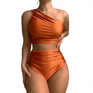 Costume da bagno <span class=keywords><strong>bikini</strong></span> di lusso in raso monospalla, a vita alta, arricciato, contenitivo, due pezzi, per vacanze tropicali e piscina - Product Image 3