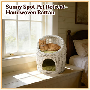 Cama para Gatos Moderna Hecha a Mano de Mimbre Blanco y Ratán - <span class=keywords><strong>Cueva</strong></span> Acolchada de Felpa Verde con Casa para Mascotas Duradera y Acogedora para Gatos en Caja - Product Image 1